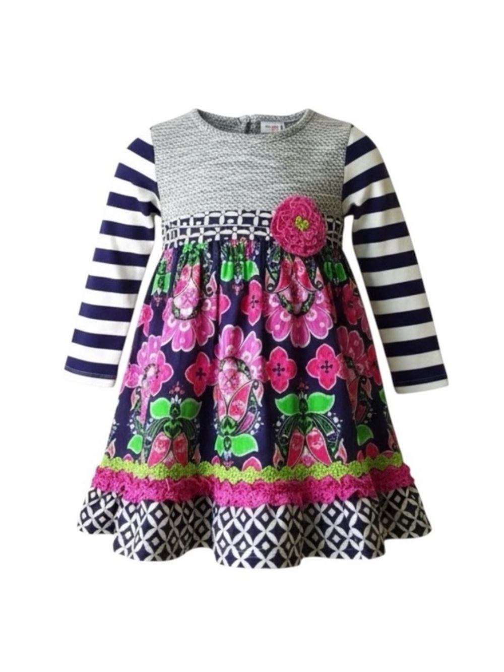 Navy & Pink Floral Stripe Girls' Casual Sweater Dress with Decorative Flower - Picture 6 of 14